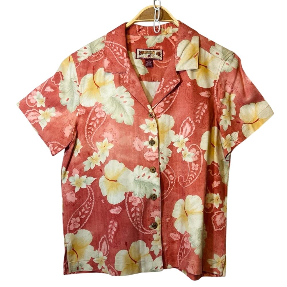 Caribbean Joe Tropical Floral Short Sleeve Button Notch Collar Blouse Top Medium